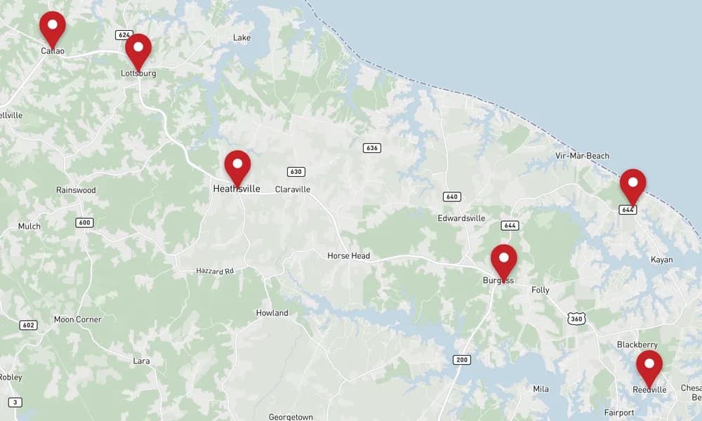 Map of Northumberland, Virginia, marking Heathsville, Reedville, Callao, Burgess, and 2 more