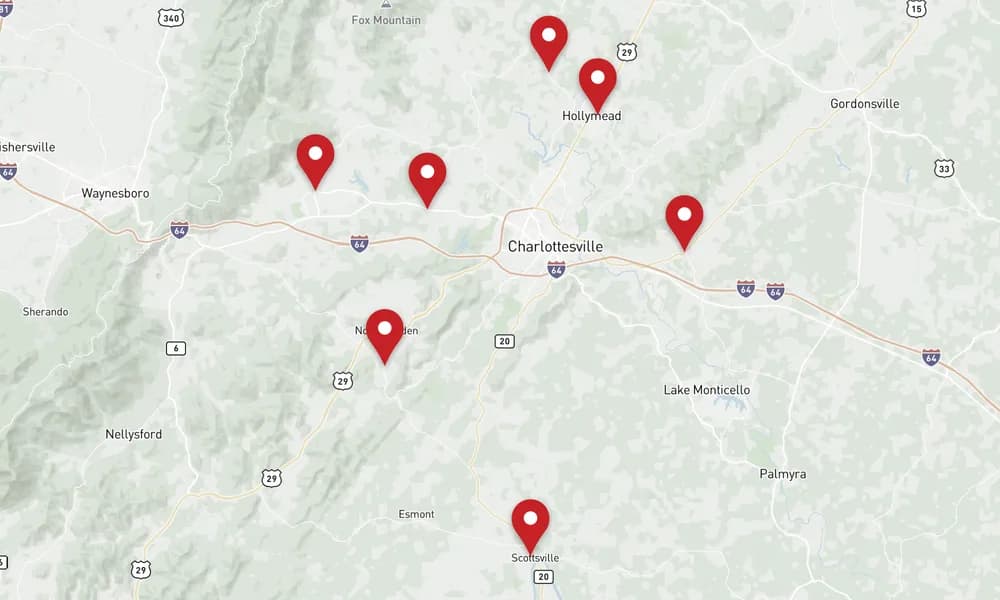Map of Albemarle, Virginia, marking Crozet, Scottsville, Ivy, Earlysville, and 3 more