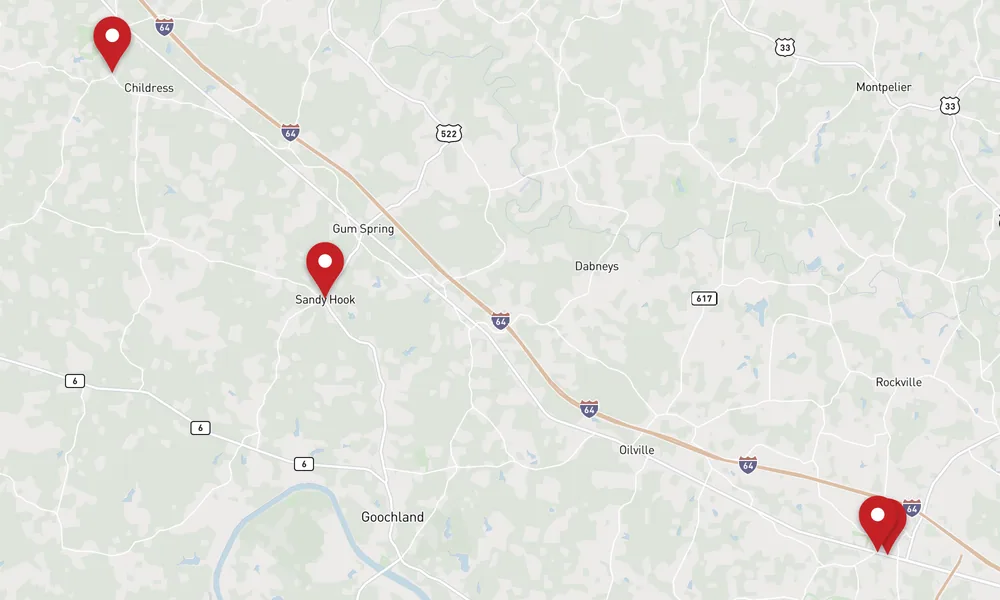 Map of Goochland, Virginia, marking Manakin-Sabot, Hadensville, Sandy Hook, and Centerville