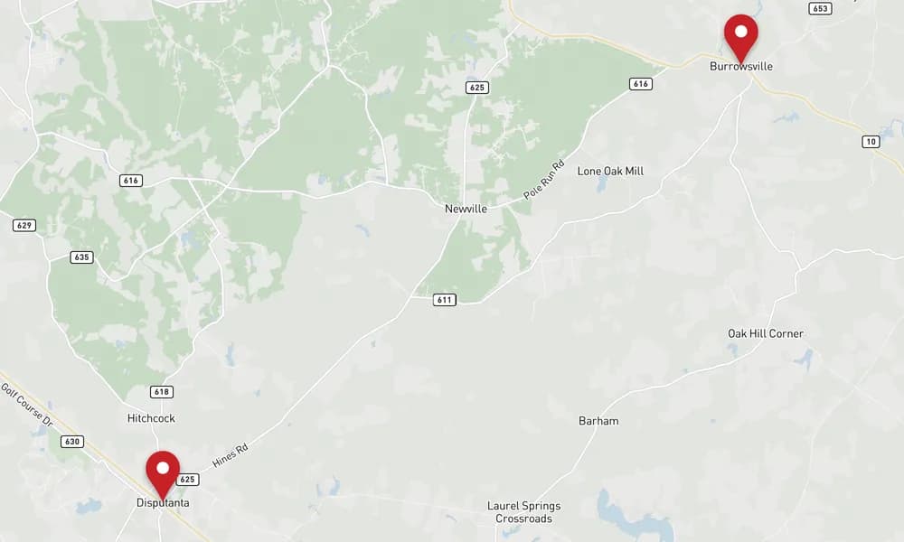 Map of Prince George, Virginia, marking Disputanta and Burrowsville
